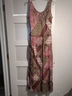 Jones Studio Sleeveless Patchwork Maxi Dress in Mauve, Cream & Mustard